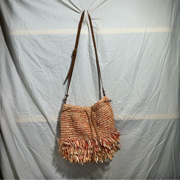 Nordstrom Straw Crossbody BucketBag Coral Drawstring Hobo Boho Eclectic Colorful - Picture 6 of 6